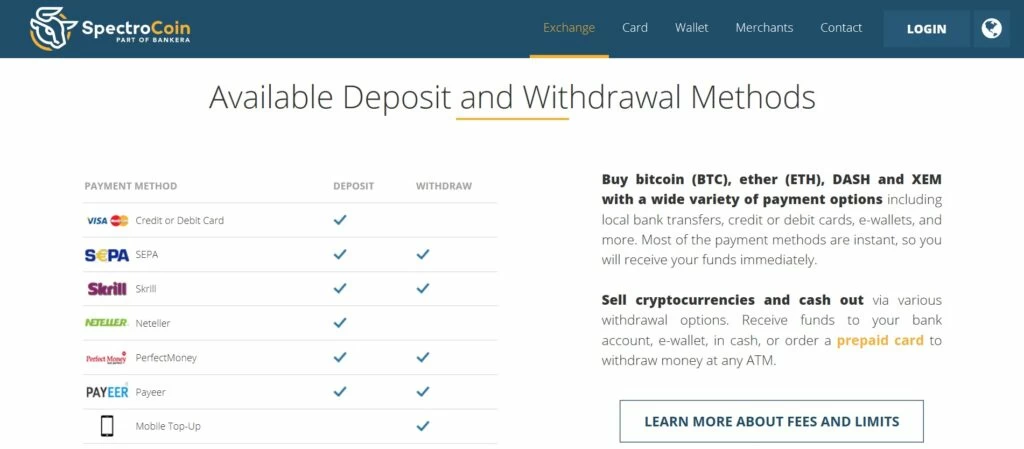 depositi e prelievi spectrocoin