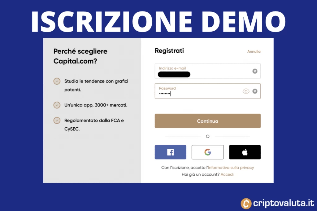 Capital.com - iscrizione demo - a cura di Criptovaluta.it