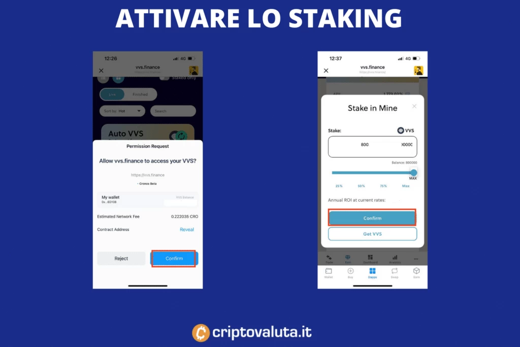 VVS Staking - schermate attivazione