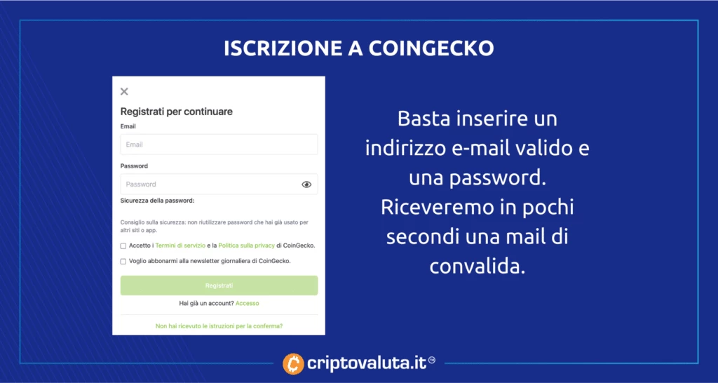 Iscrizione gratuita su Coingecko