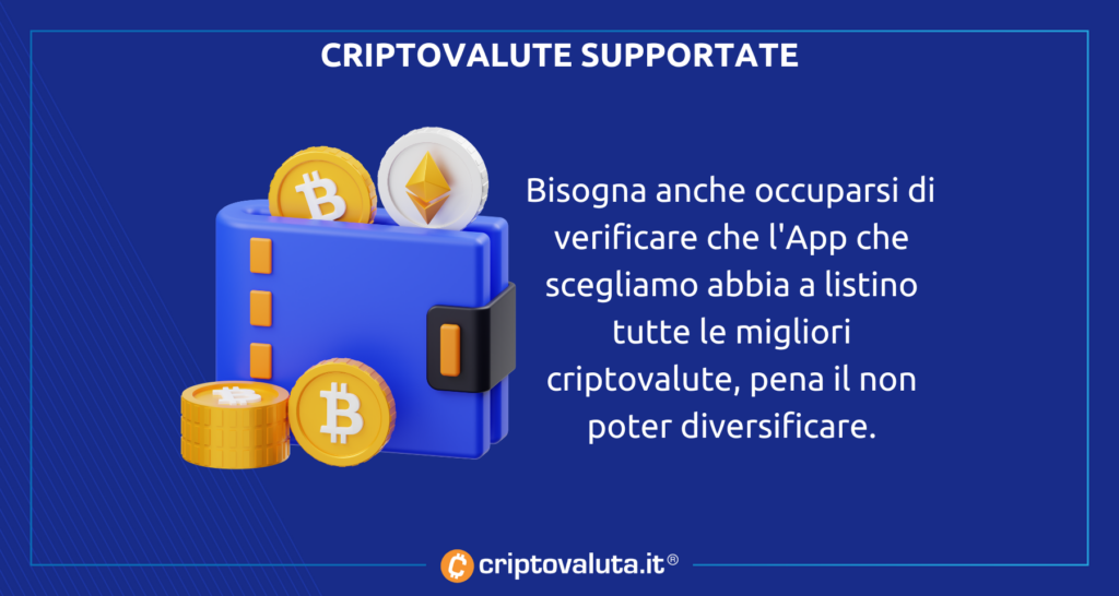 Criptovalute supportate dalla App