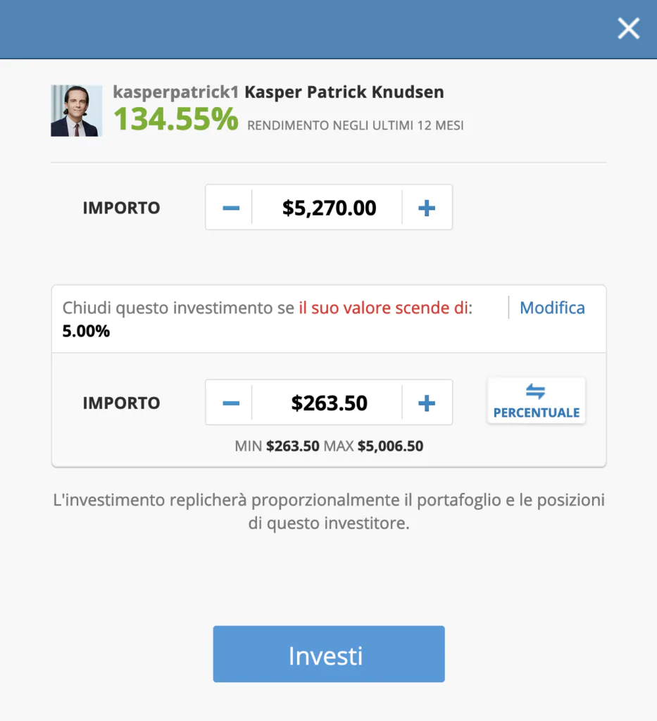 Schermata di investimento eToro CopyTrader
