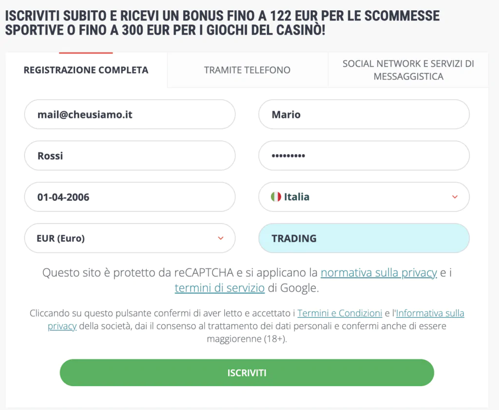 Schermata di registrazione 22bet