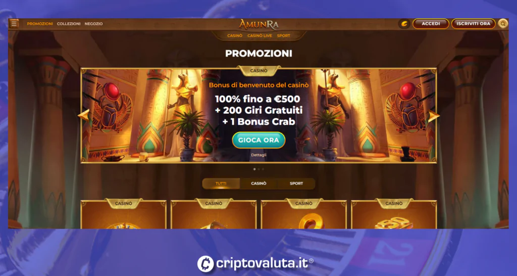 Amunra Casino - Homepage ufficiale. Immagine Criptovaluta.it®. È vietata la riproduzione anche parziale.