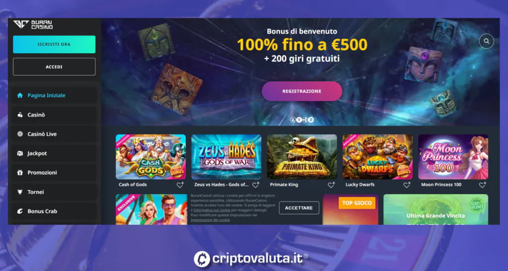 Homepage ufficiale di Buran Casino. Immagine Criptovaluta.it®. La riproduzione anche parziale è vietata.