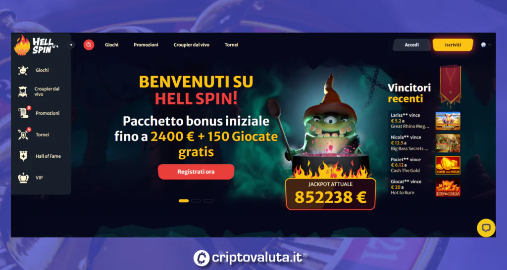 Homepage ufficiale del Hell Spin Casino. Immagine Criptovaluta.it®. La riproduzione anche parziale è vietata.