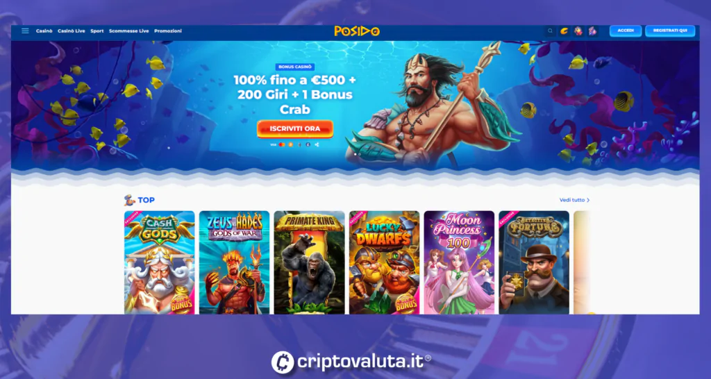 Homepage ufficiale di Posido Casino. Immagine Criptovaluta.it®. La riproduzione anche parziale è vietata.