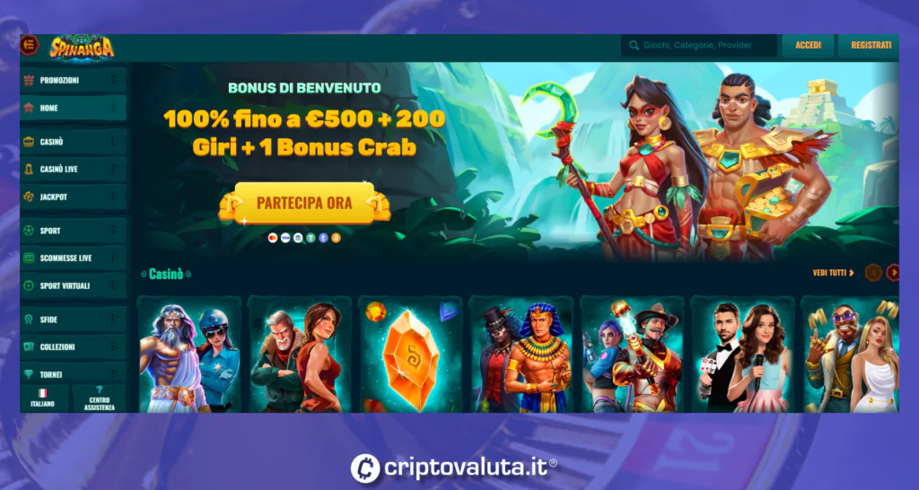 Homepage ufficiale di Spinanga Casino. Immagine Criptovaluta.it®. La riproduzione anche parziale è vietata.