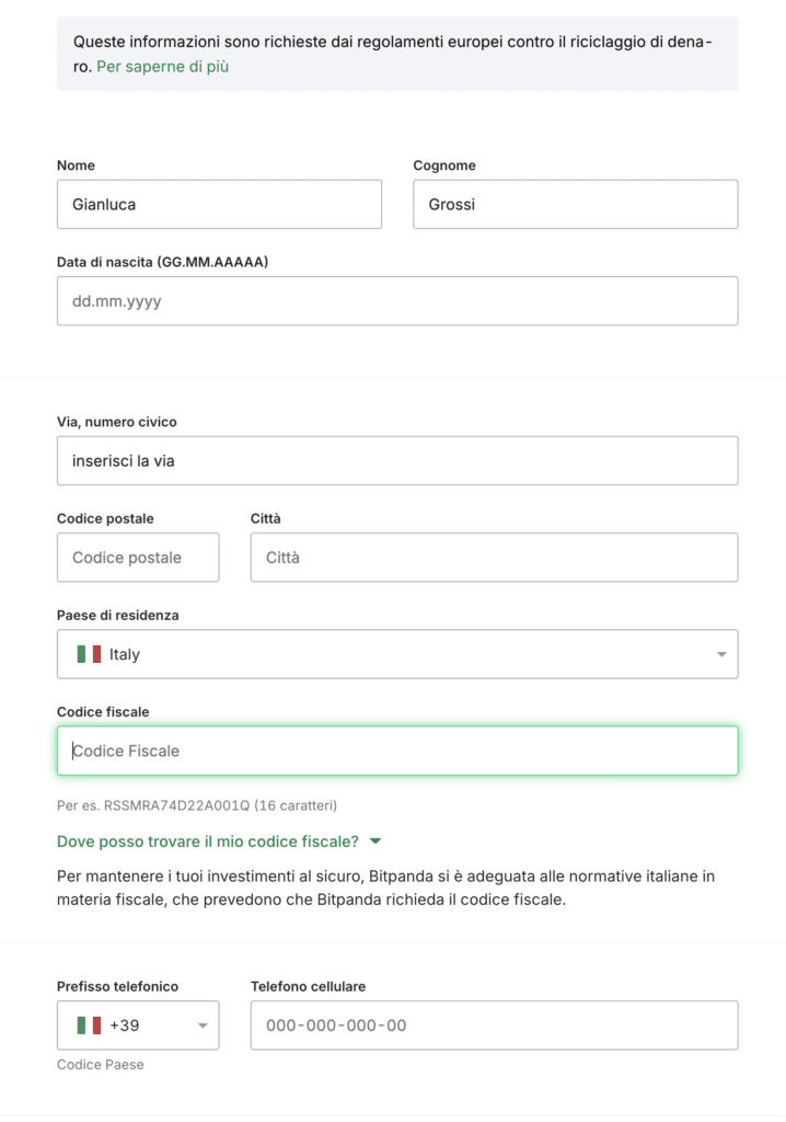 Modulo iscrizione Bitpanda