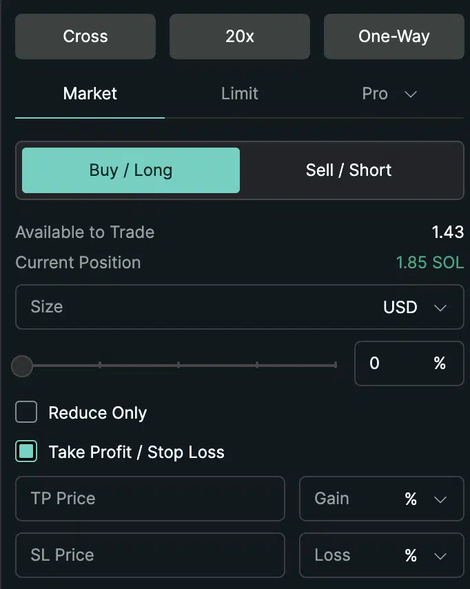 Schermata ordine HyperLiquid