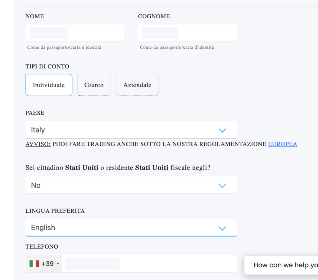 Schermata registrazione 2 su FP Markets