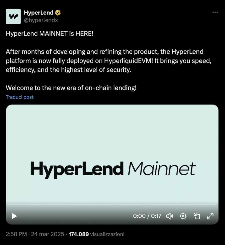 HyperLend entra in mainnet 