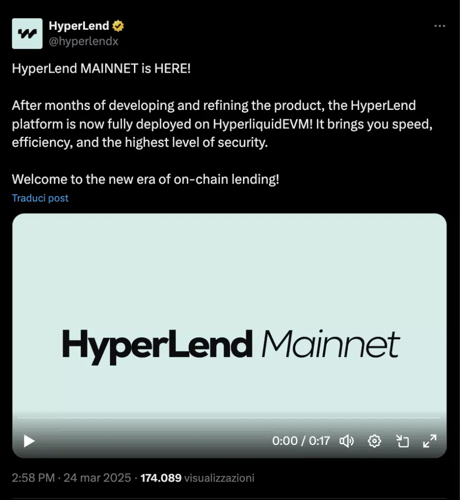 HyperLend entra in mainnet
