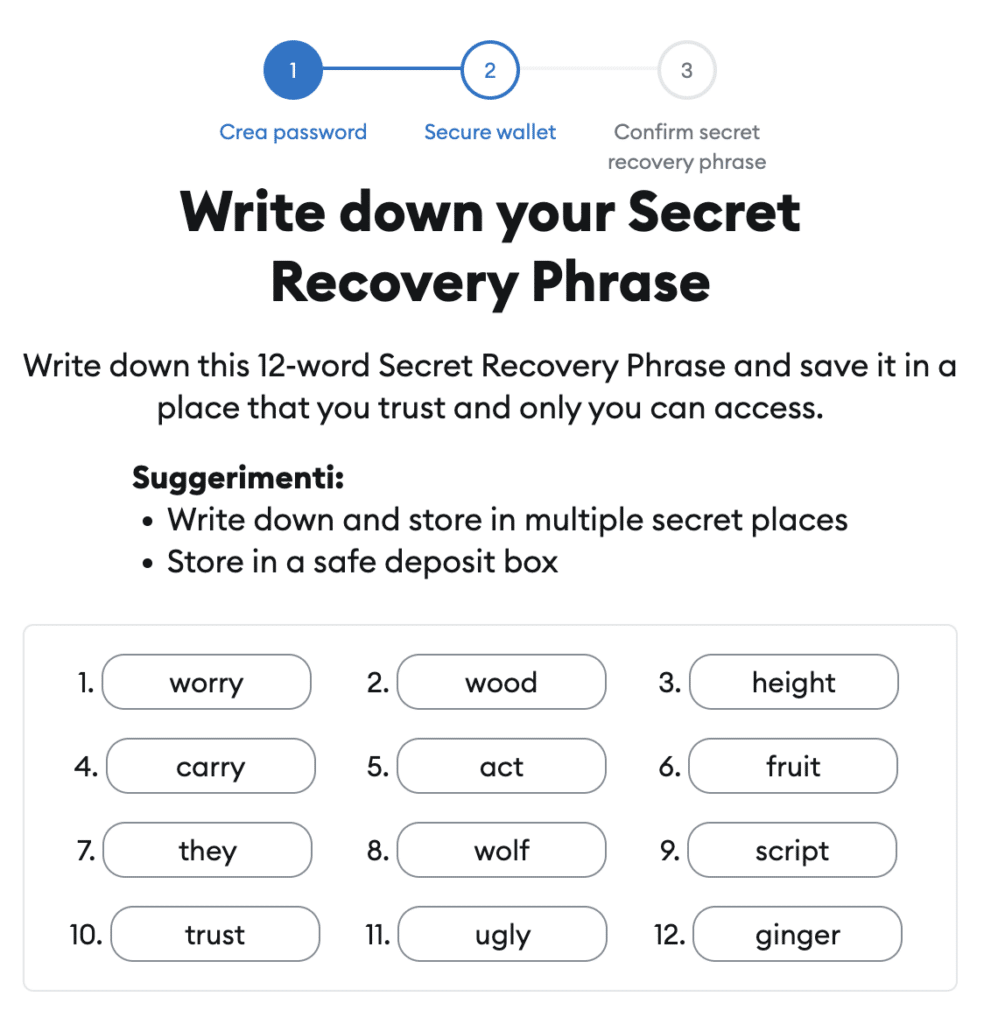 seed phrase di un wallet Metamask