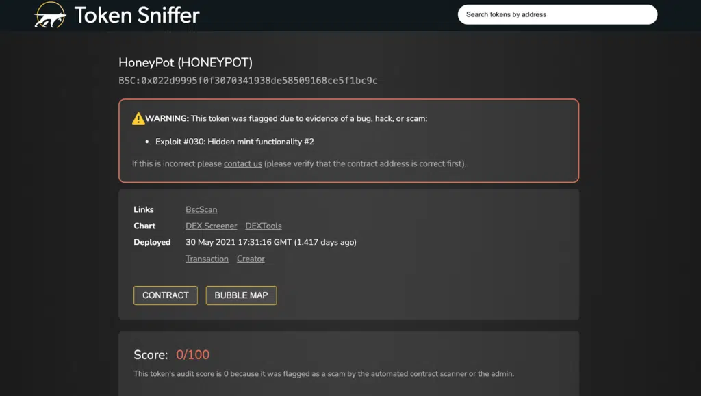 Token sniffere strumenti defi honeypot
