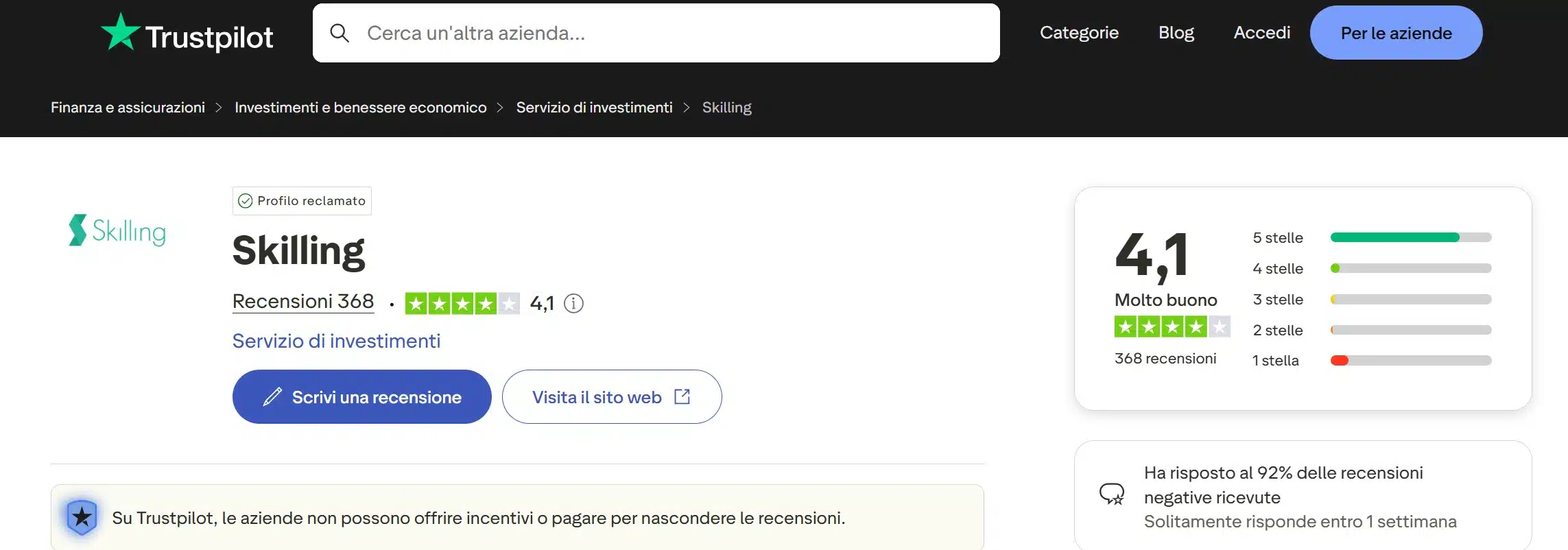 Skilling su TrustPilot - recensioni e opinioni