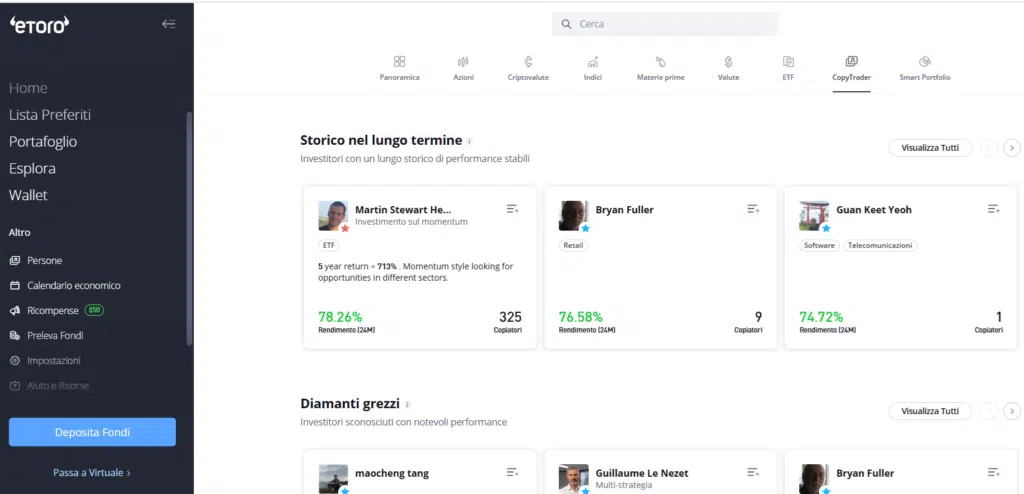 Sezione "Persone" con lista dei Popular Investor