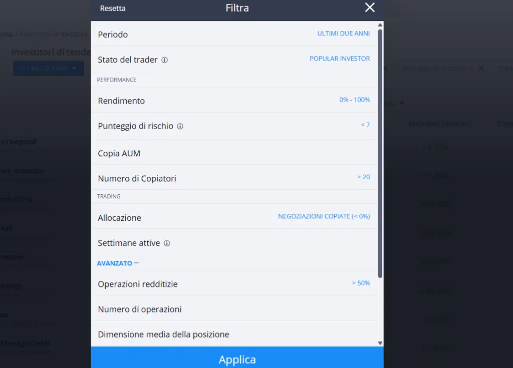 filtri avanzati etoro