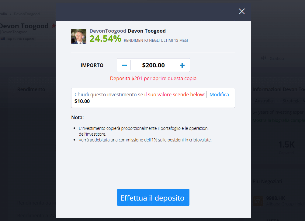 setting copia trader
