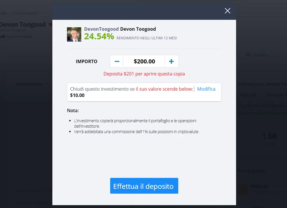 setting copia trader