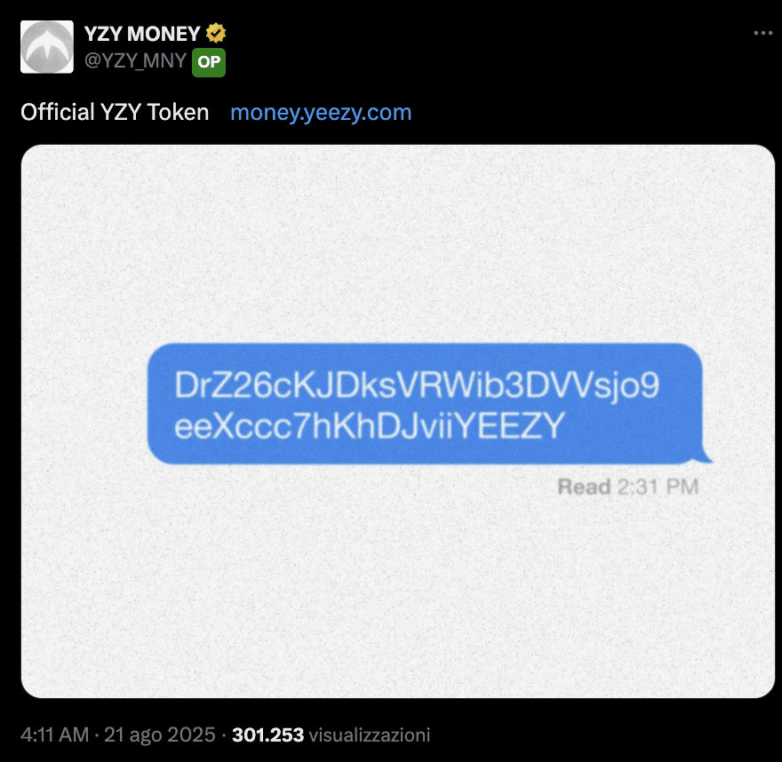 tweet lancio $YZY