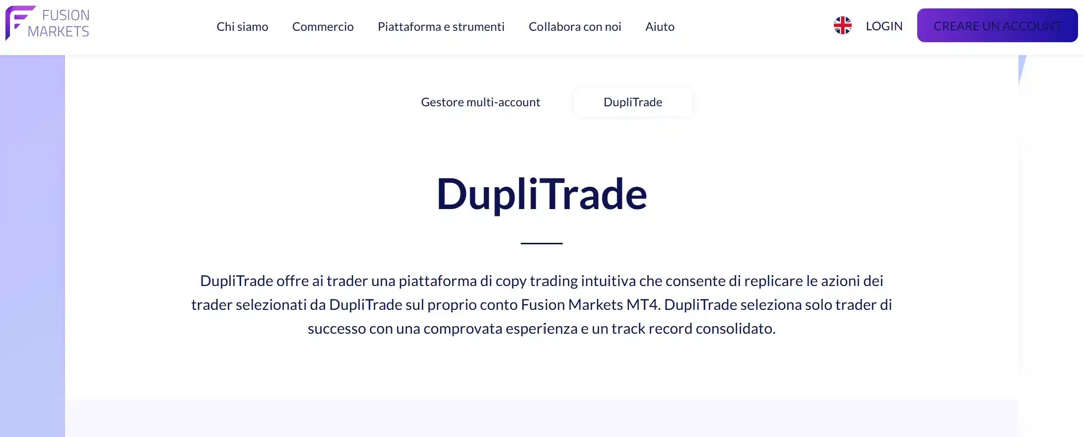 DupliTrade segnali crypto su Fusion Markets