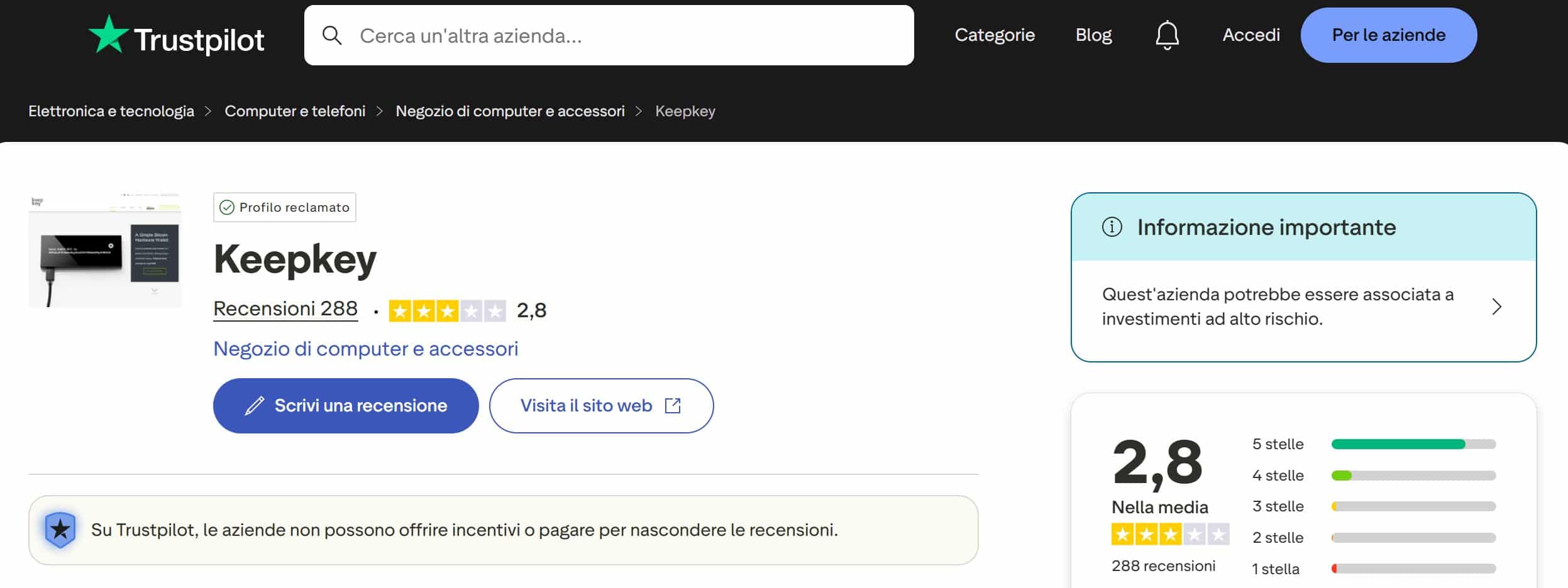 KeepKey su TrustPilot - recensioni positive e negative