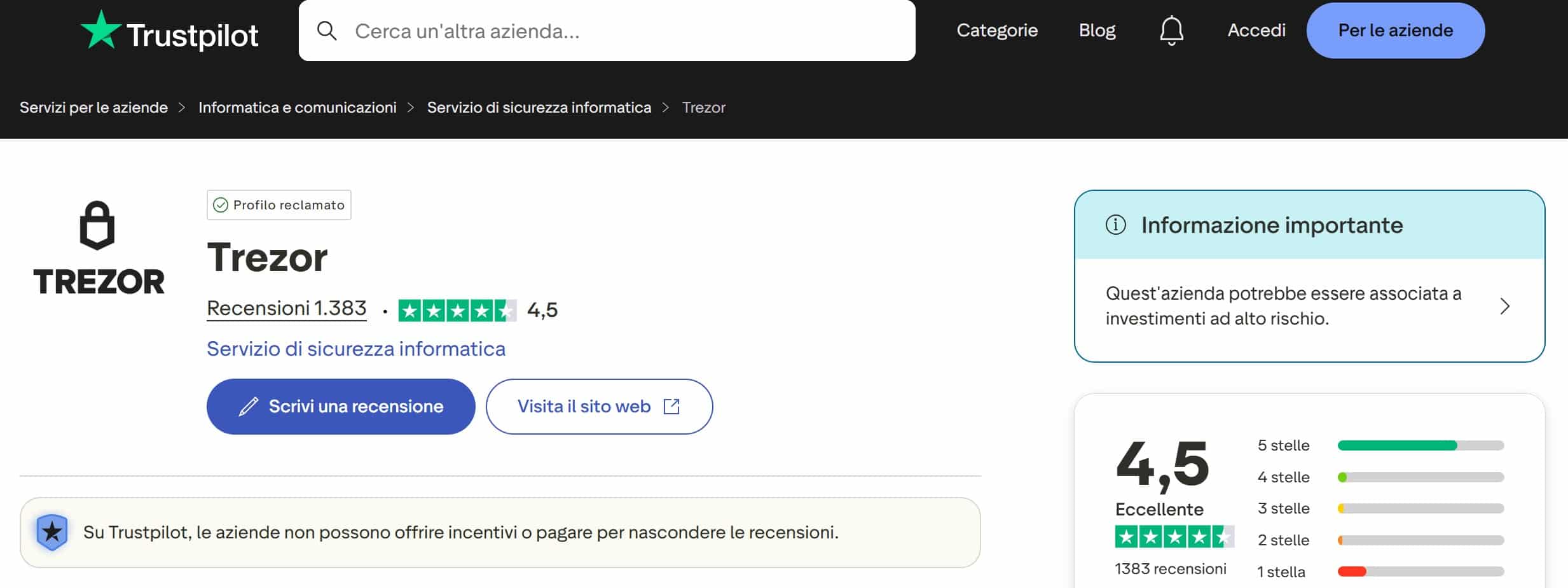 Trezor Wallet su TrustPilot - recensioni