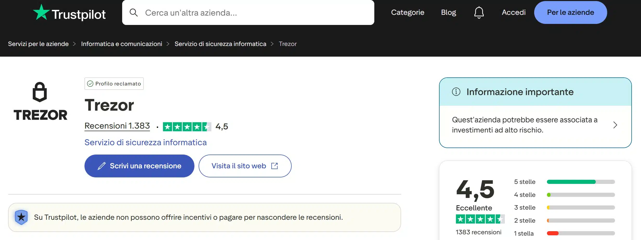 Trezor Wallet su TrustPilot - recensioni