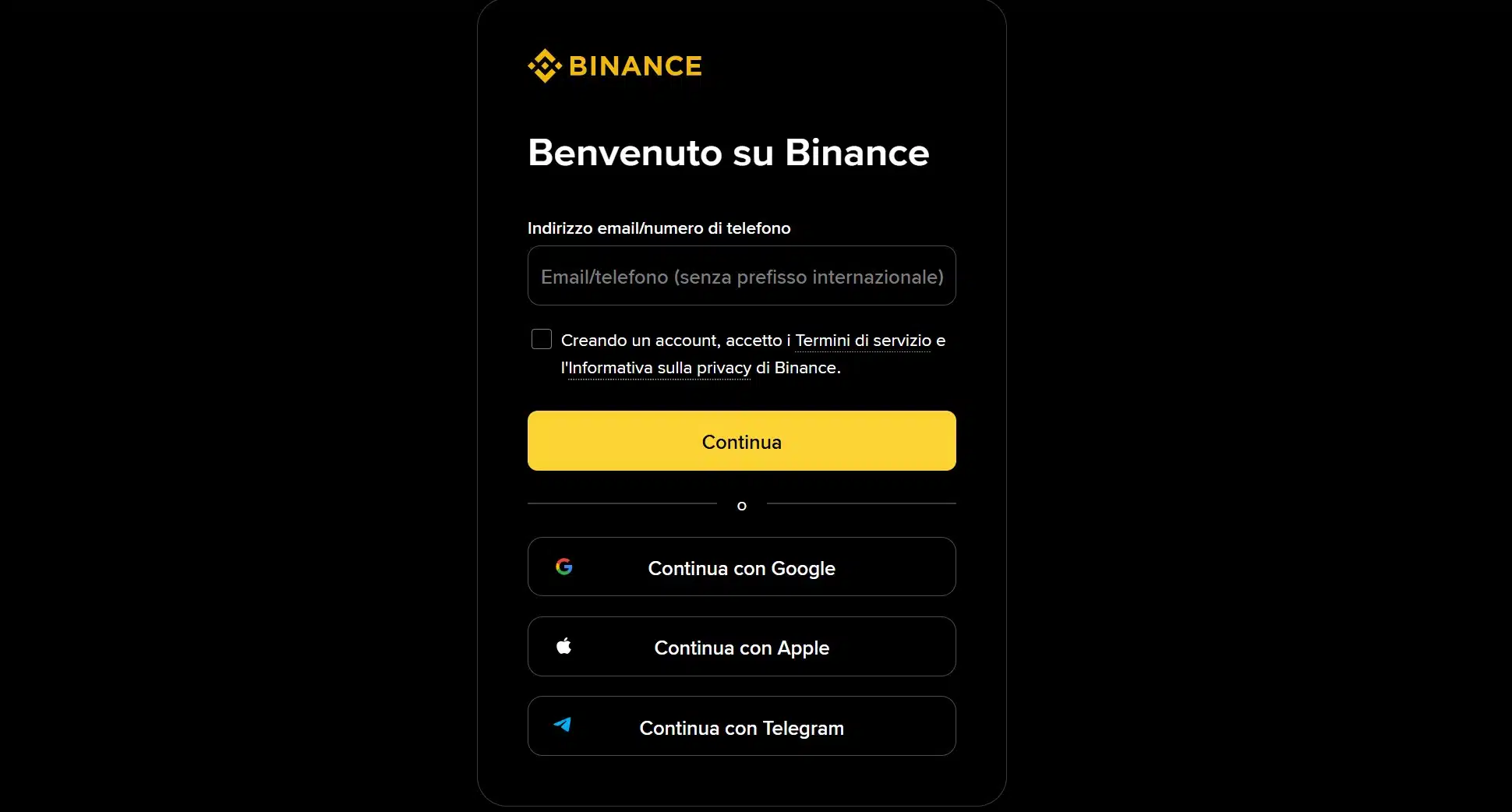 Binance - registrazione