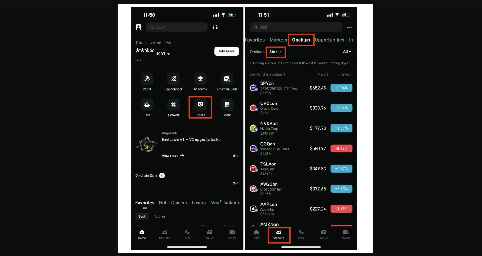 Azioni tokenizzate spot su Bitget Onchain via App