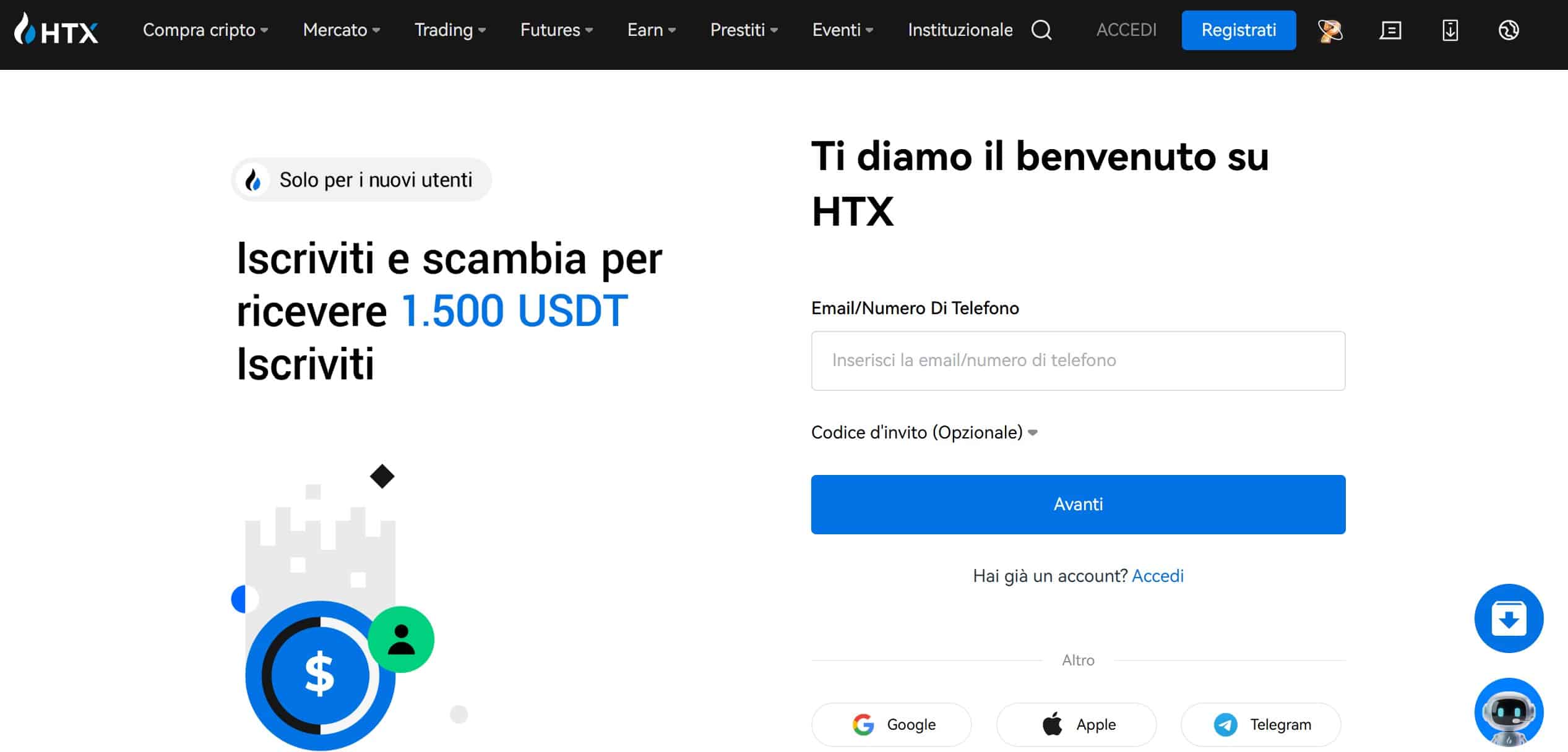 HTX registrazione sull'exchange