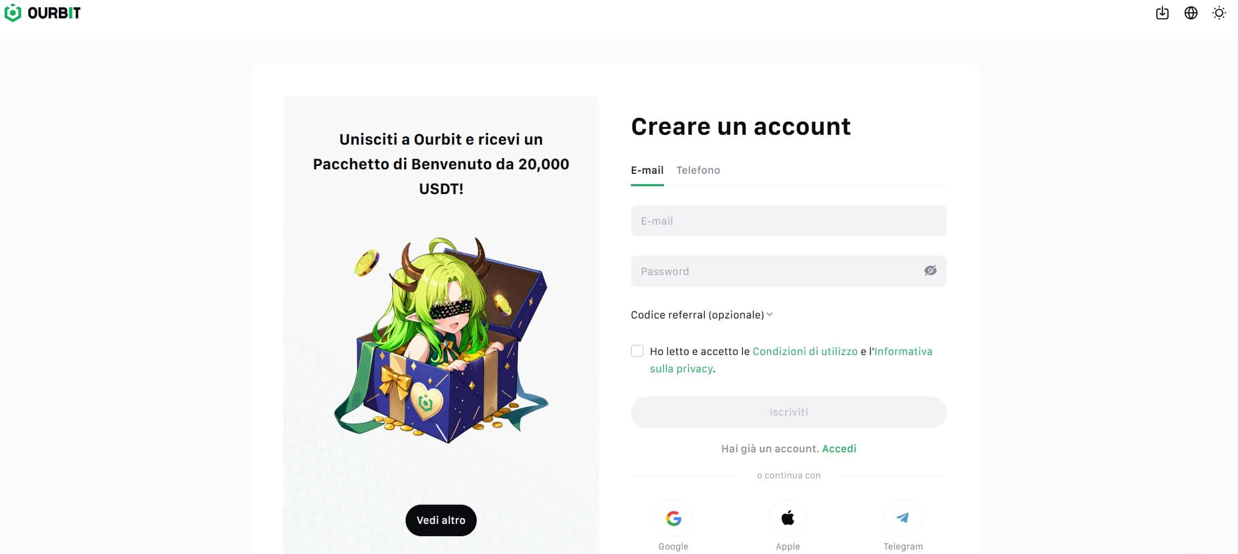 Ourbit - registrazione e login