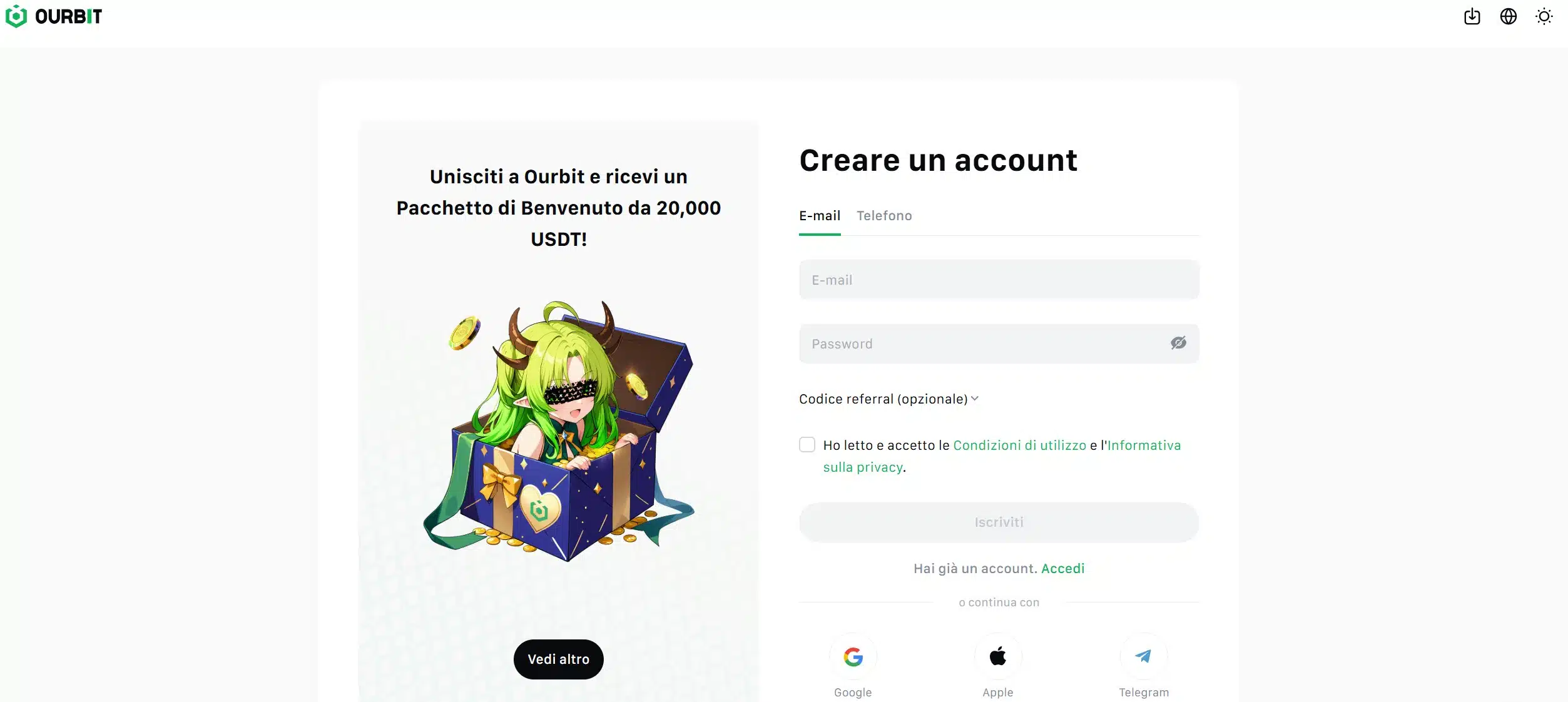 Ourbit - registrazione e login