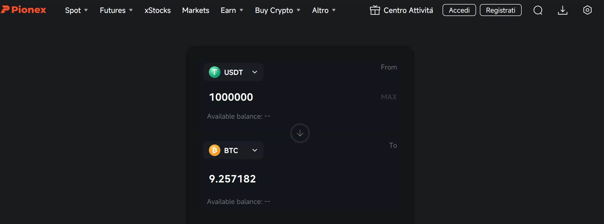 Piattaforma Pionex - convertitore spot