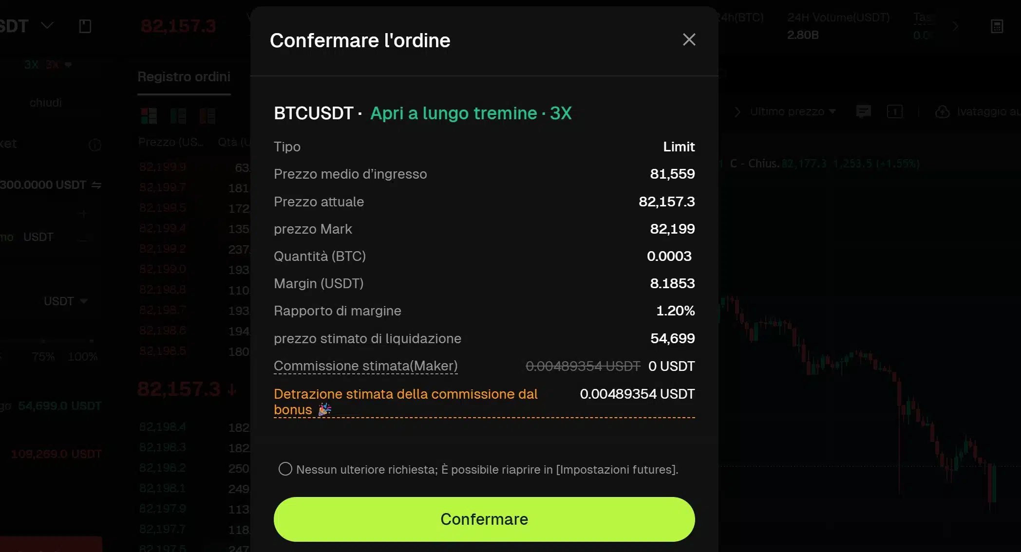 Conferma ordine su Bitunix