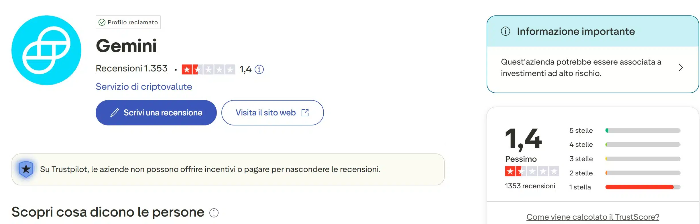 Gemini Exchange su TrustPilot - recensioni positive e negative