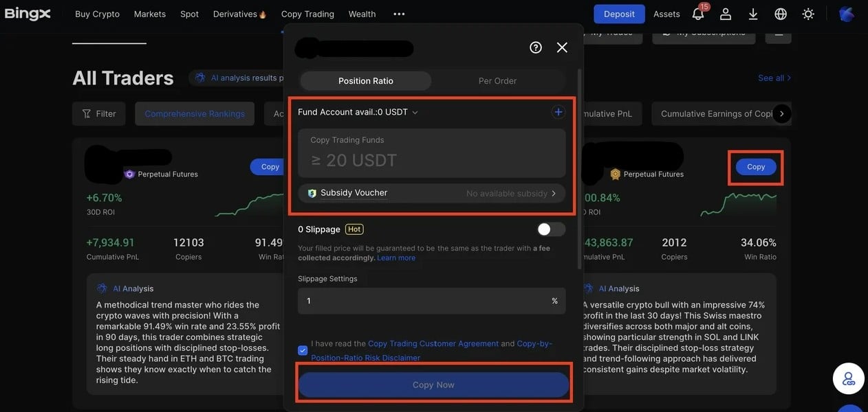 Settaggio del capitale sul Copy Trading di BingX Futures