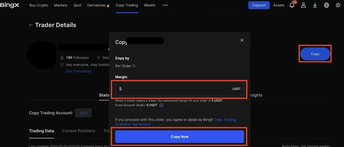 Settaggio del capitale sul Copy Trading di BingX