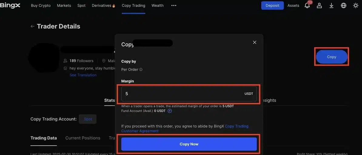 Settaggio del capitale sul Copy Trading di BingX