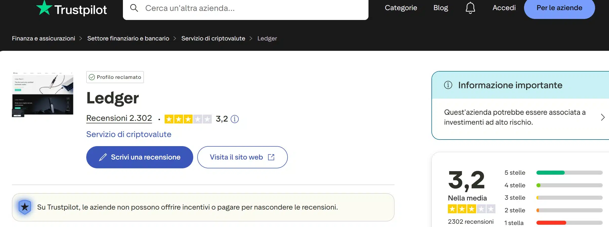 Ledger Nano S Plus su TrustPilot