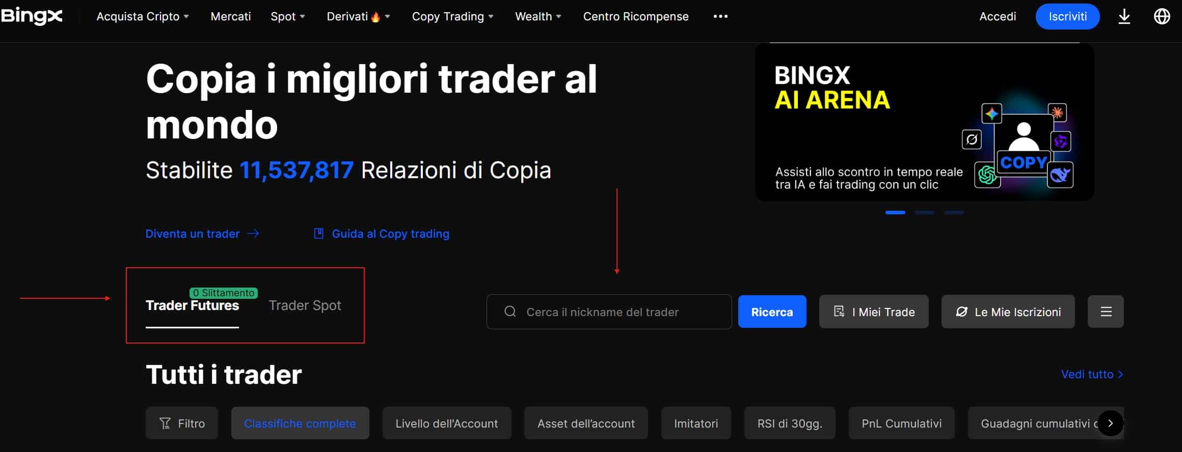 Selezione Trader sul Copy Trading di BingX