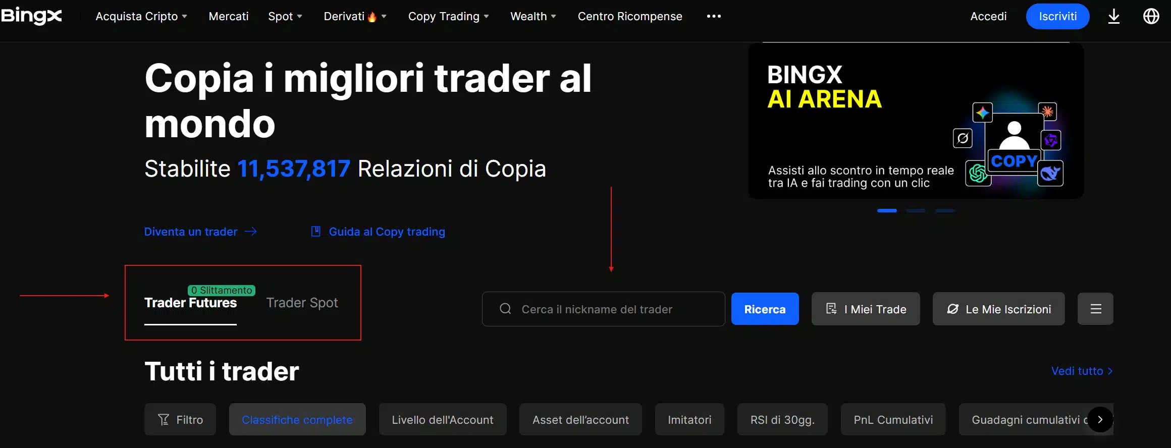 Selezione Trader sul Copy Trading di BingX