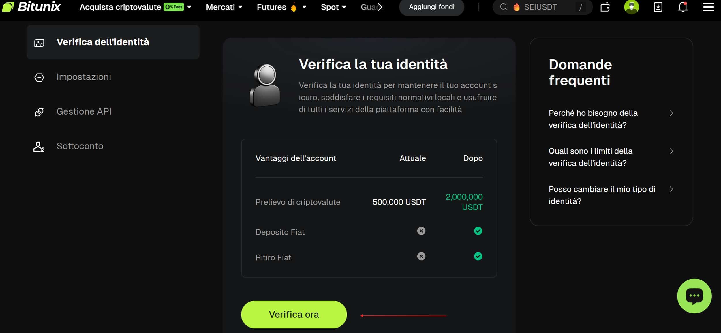 Avvio procedura KYC su Bitunix