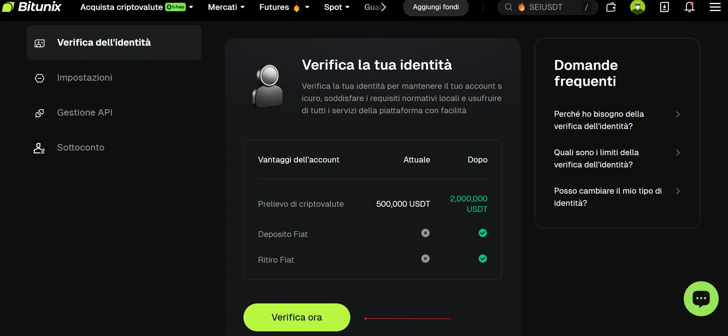 Avvio procedura KYC su Bitunix