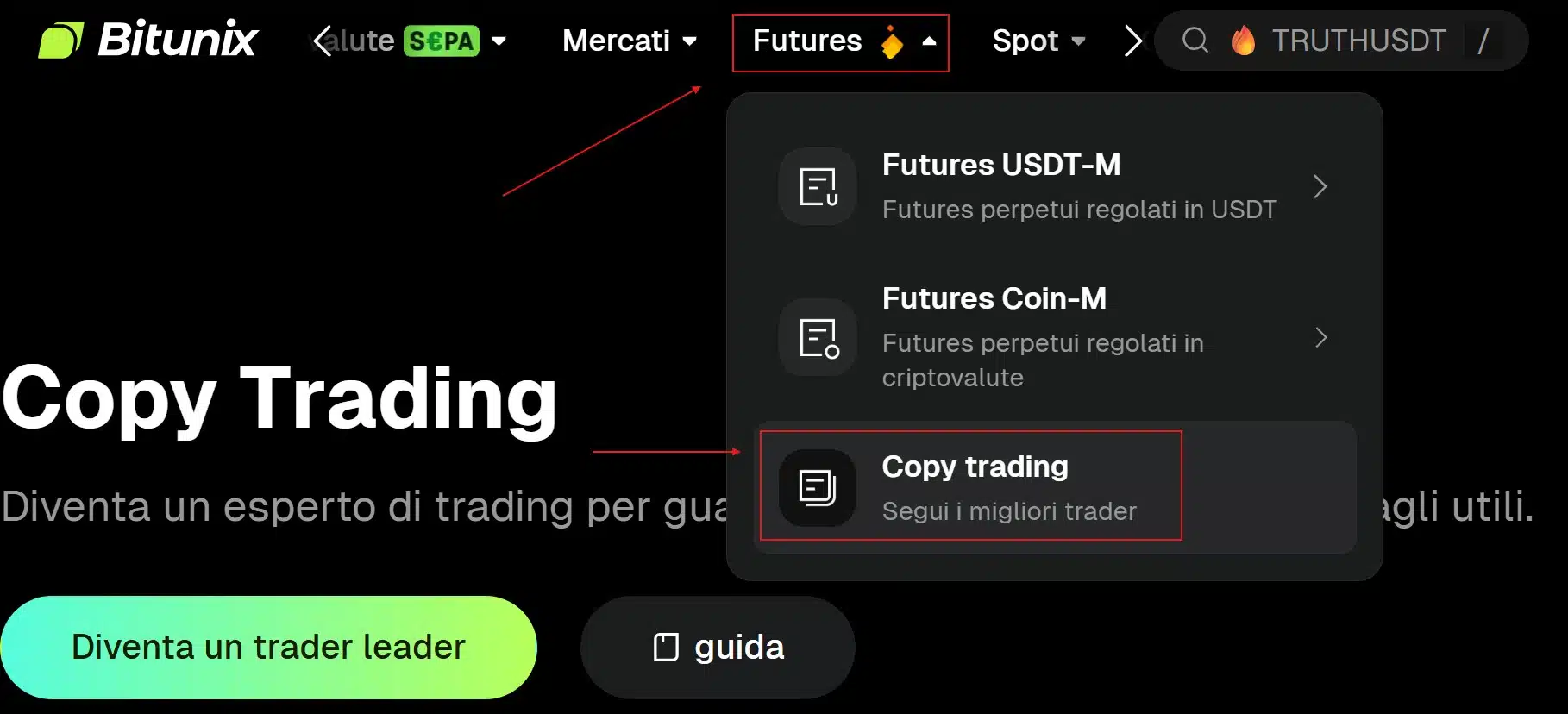 Bitunix Copy Trading - come accedere alla funzione
