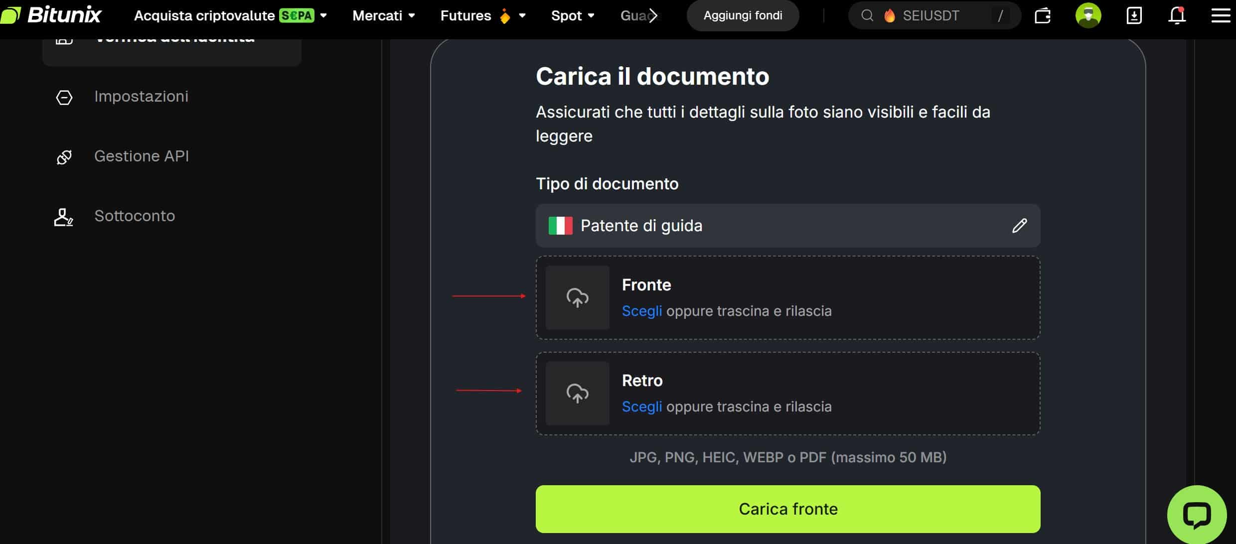 Aggiunta documento Bitunix KYC 1 livello