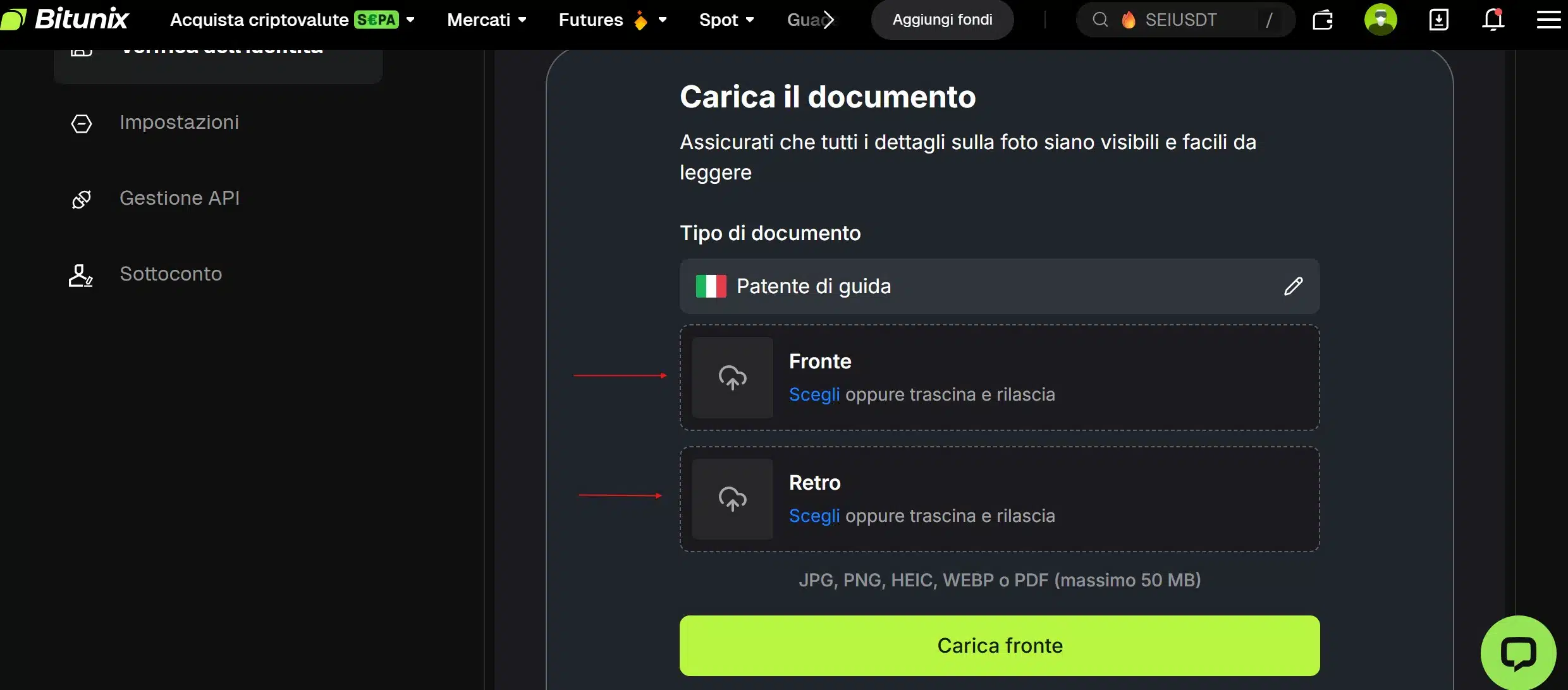 Aggiunta documento Bitunix KYC 1 livello