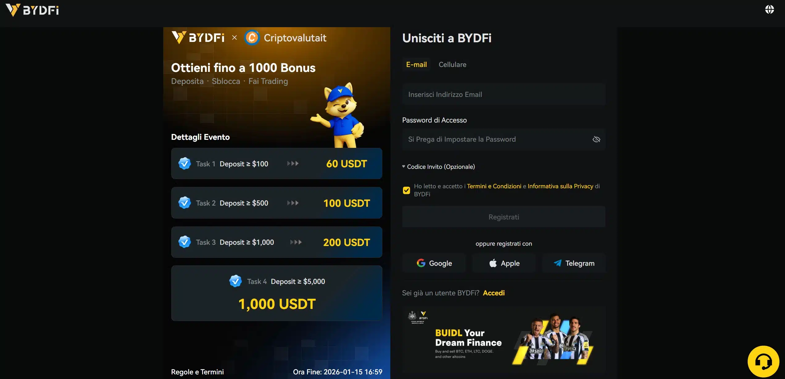 BYDFi bonus benvenuto fino a 1.000 USDT
