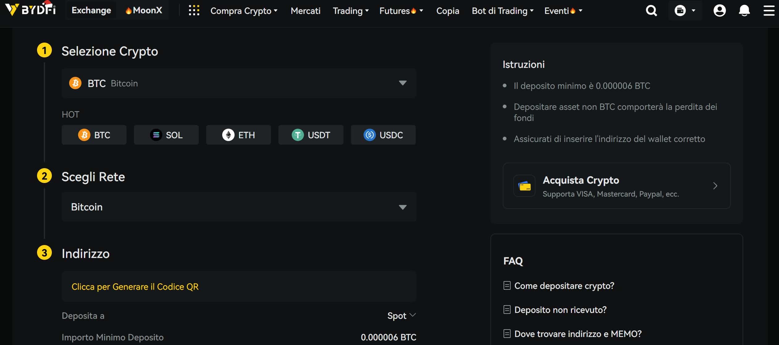 Deposito criptovalute su BYDFi